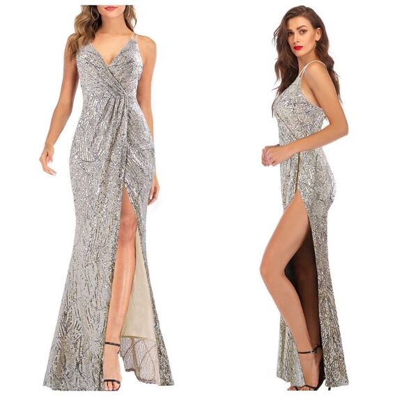 AARFAR Women Sequin Dress V-Neck Sleeveless Dress Mermaid Maxi Long NWT Small - Picture 1 of 14